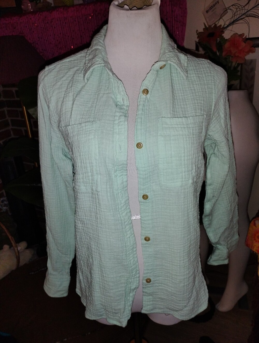 LL Bean Organic Crinkle Double Gauze Cotton Shirt Womens Small Petite Mint Green